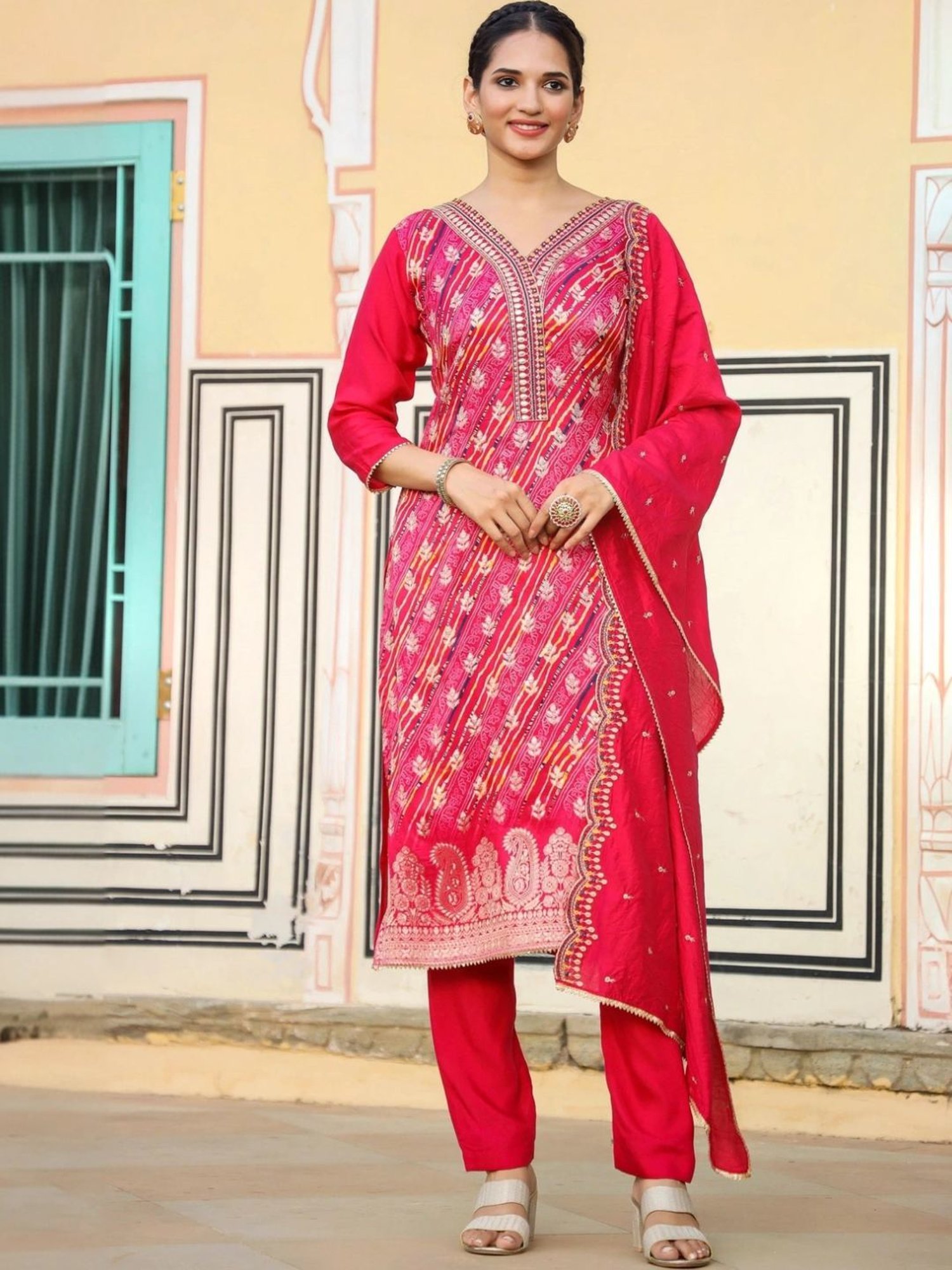 Scakhi Deep Pink Silk Jacquard Bandhani Suit Set Kurta With Pant And Dupatta