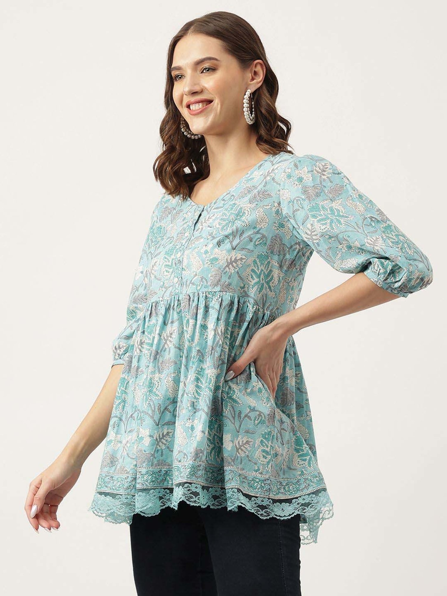 Divena Sky Blue Cotton Floral Print Top