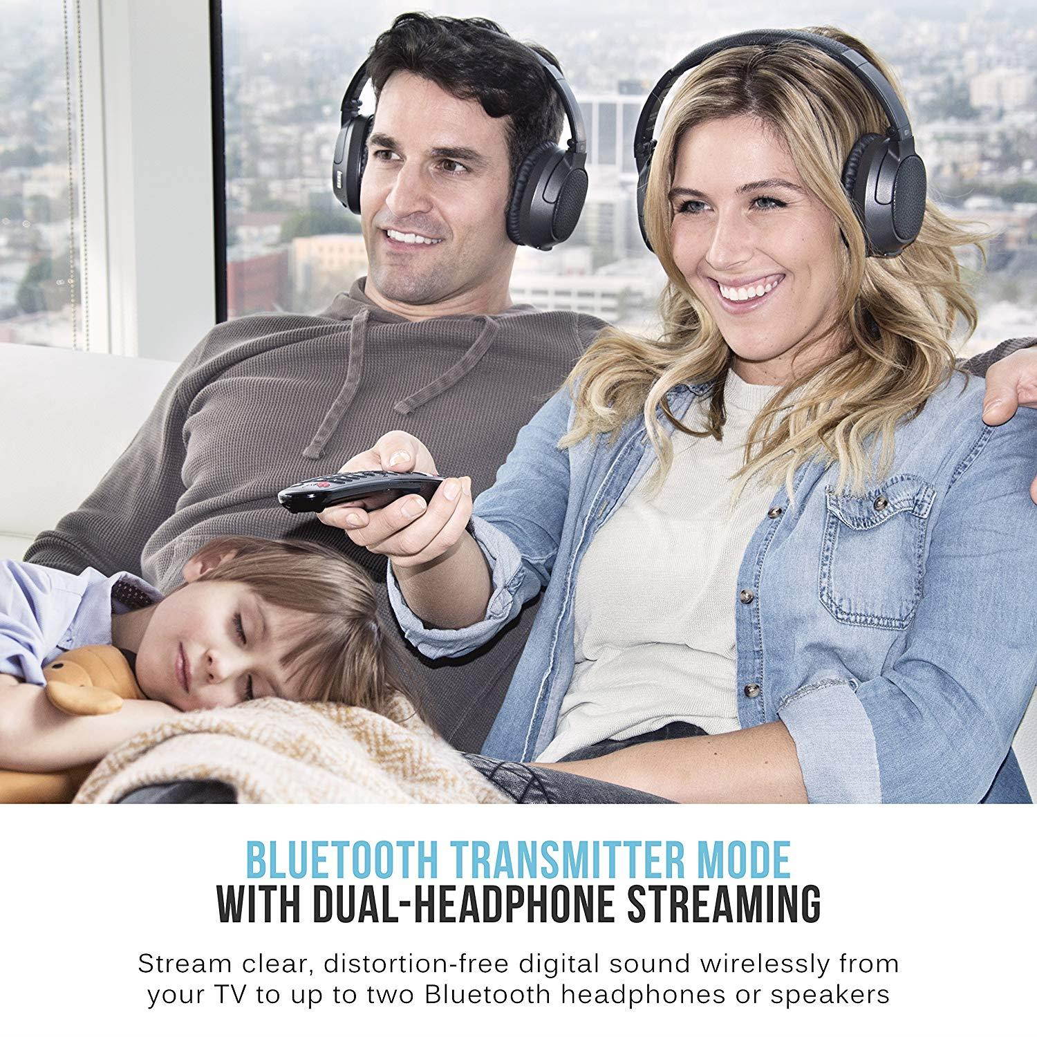 mee audio connect hub universal dual headphone and speaker bluetooth audio transmitter and receiver for tv with aptx low latency, optical and analog passthrough, extended range, and volume boost