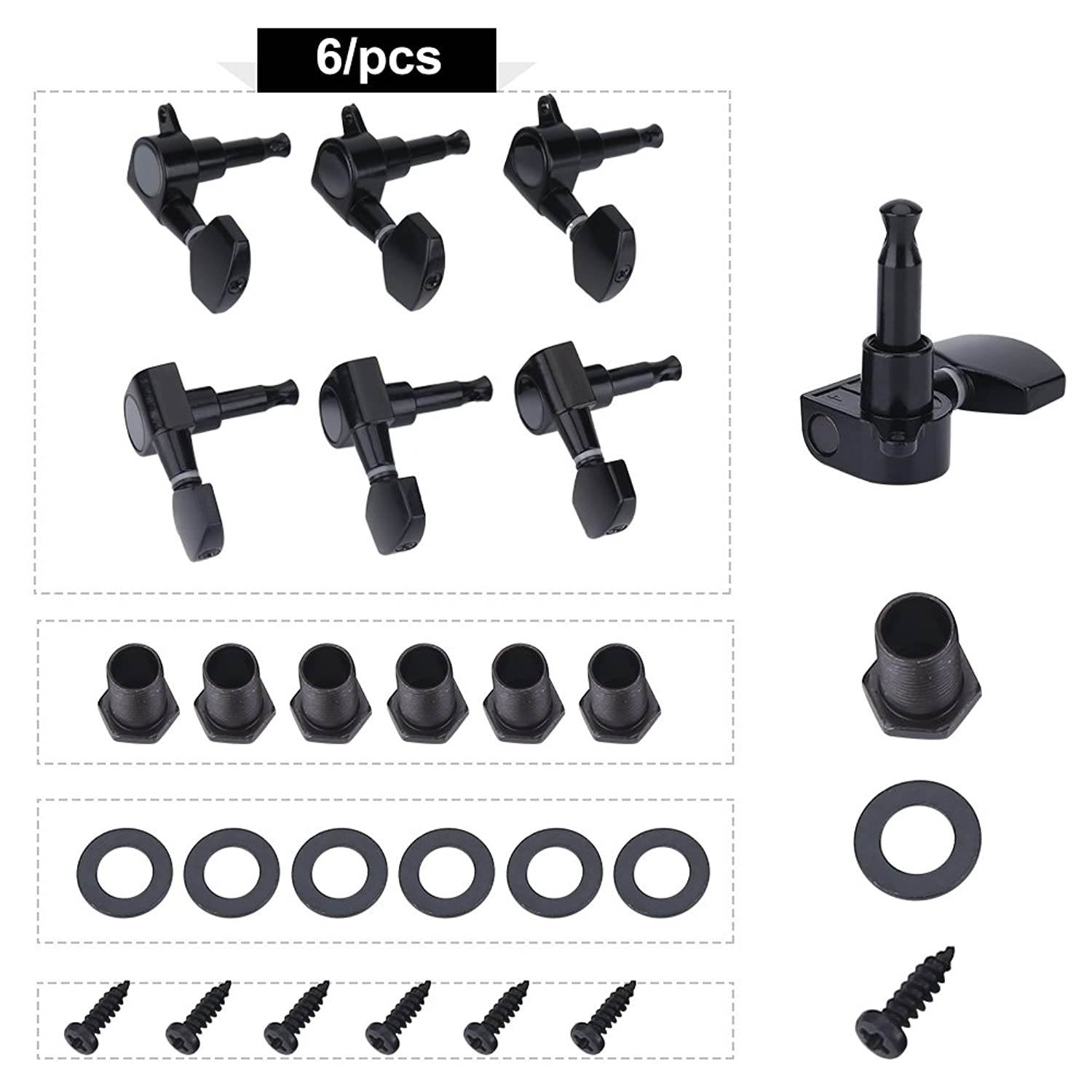 VGEBY 3 Pairs Guitar Pegs, 3L 3R Black Closed Zinc Alloy Machine Heads for Folk/Electric Guitar