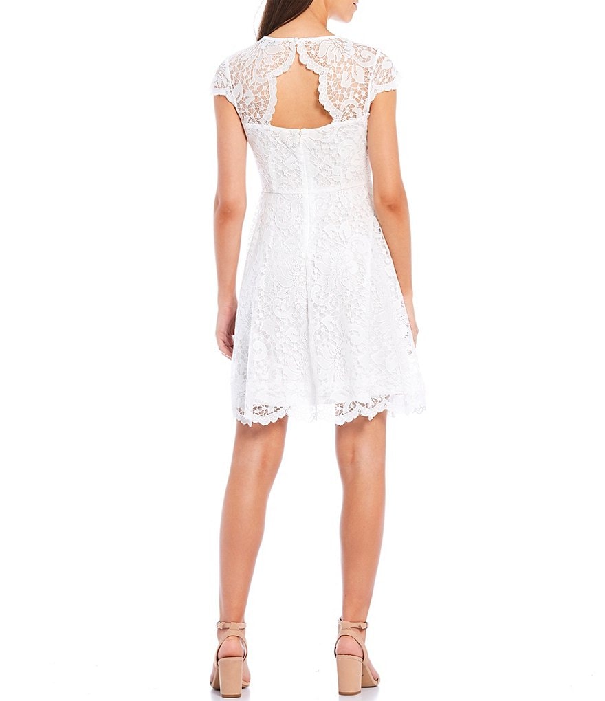 Kensie Illusion Neck Cap Sleeve Lace Fit & Flare Scallop Hem Fit & Flair Dress