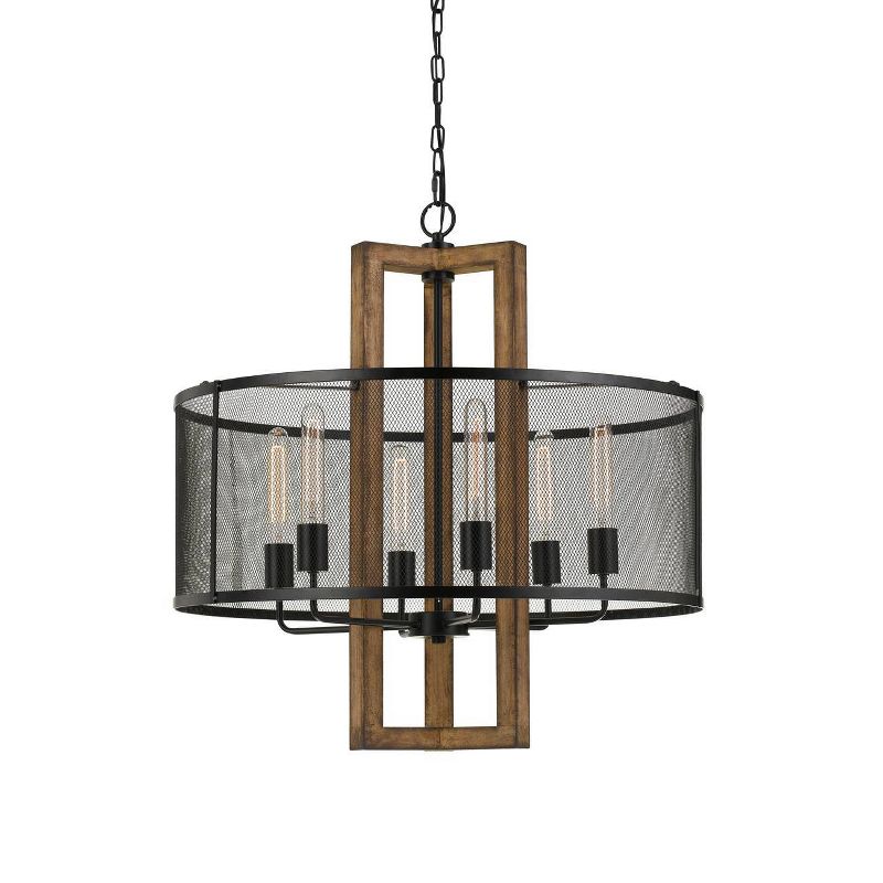 (28" x 28") 6 Light Wood and Metal Round Monza Chandelier with Mesh Shade Brown - Cal Lighting