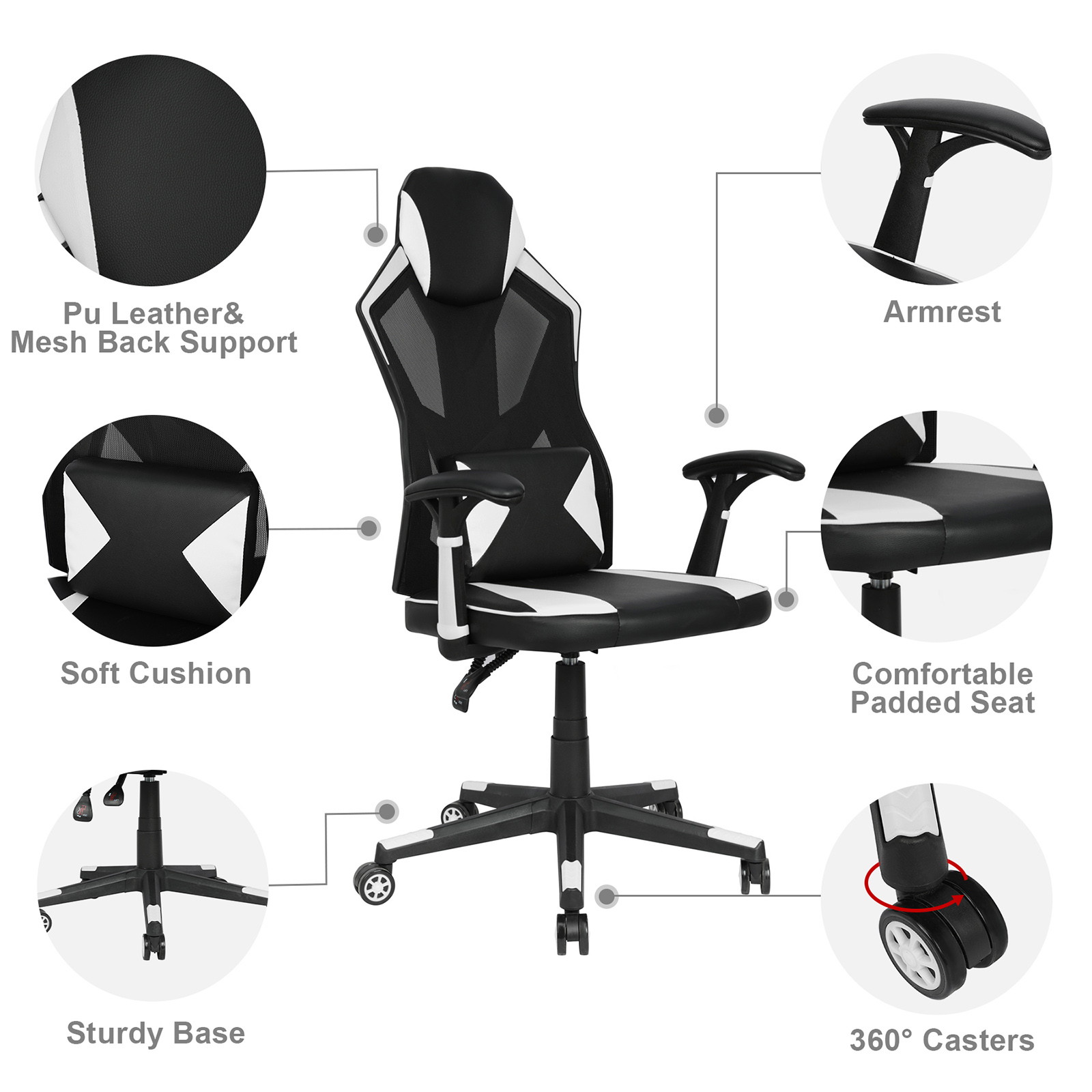 YOUTHUP Office Chair Functional Ergonomic Leather Gaming Chair Swivel Rolling Computer Desk Chair with Lumbar Support,Black and Grey