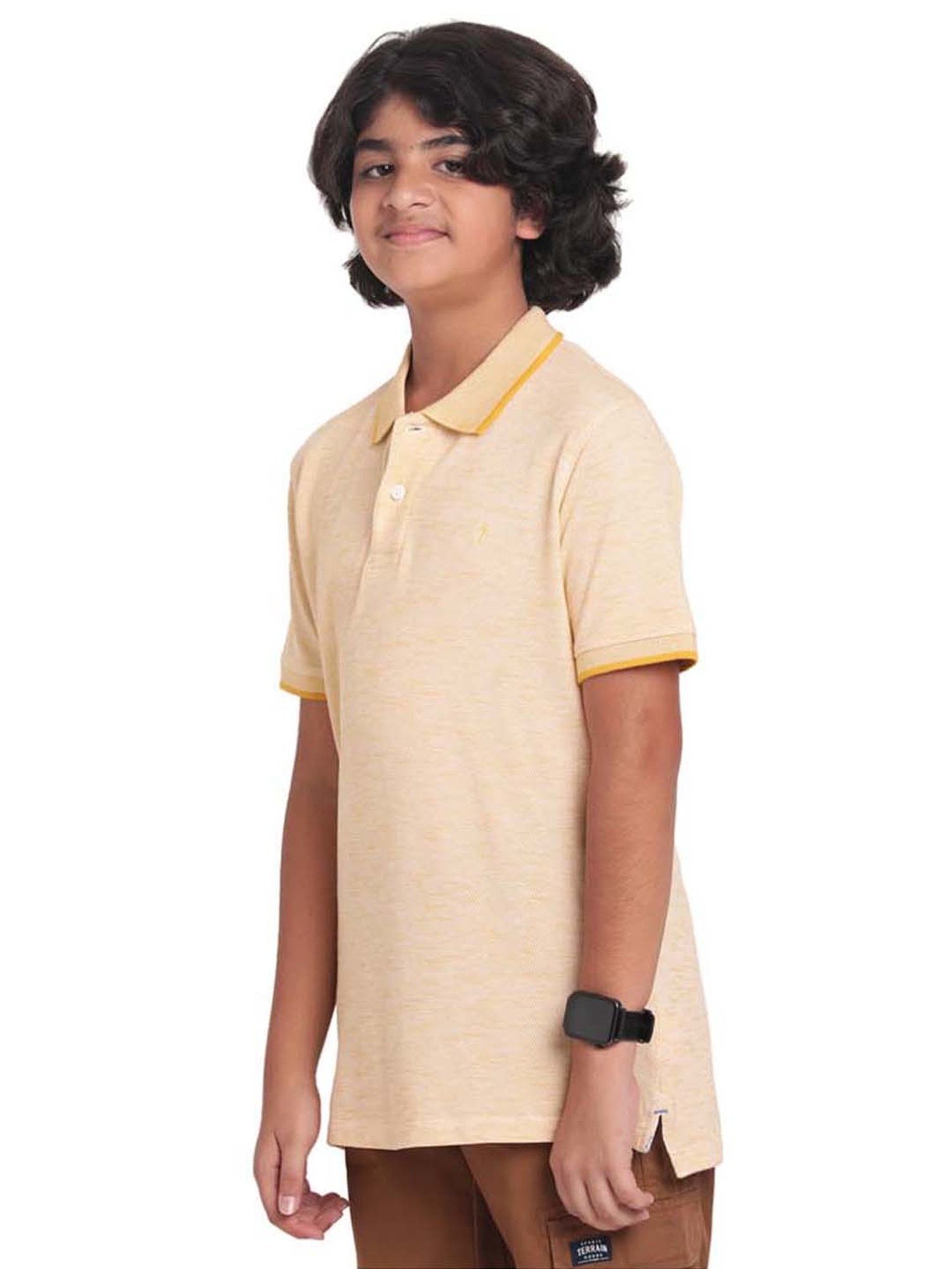 Indian Terrain Kids Yellow Cotton Self Pattern Polo T-Shirt