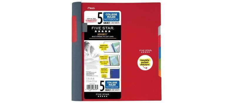 Five Star 5 Subject College Ruled Advance Spiral Notebook with Pocket Dividers (Colors May Vary)