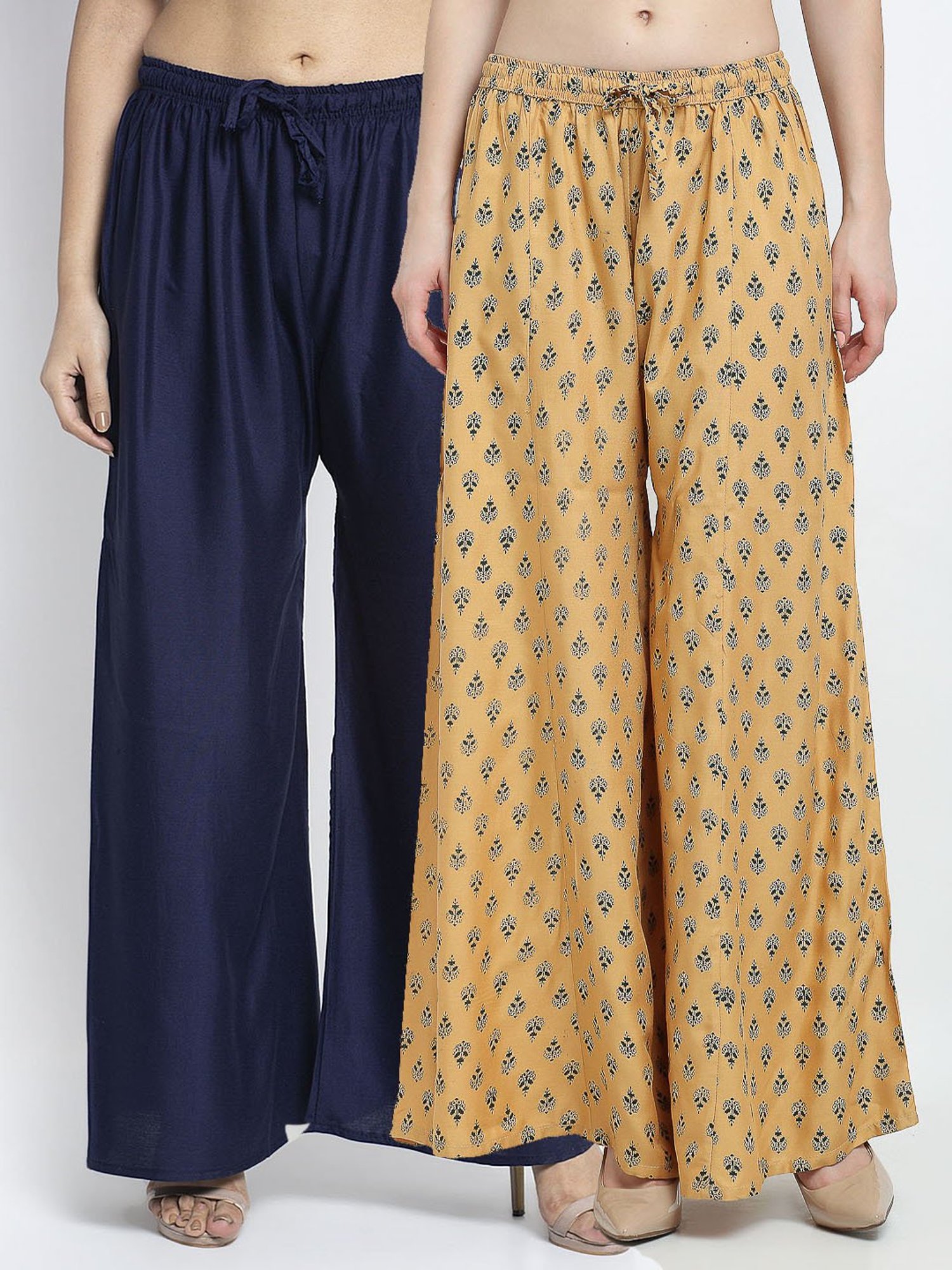 Gracit Beige & Navy Printed Palazzos - Pack Of 2