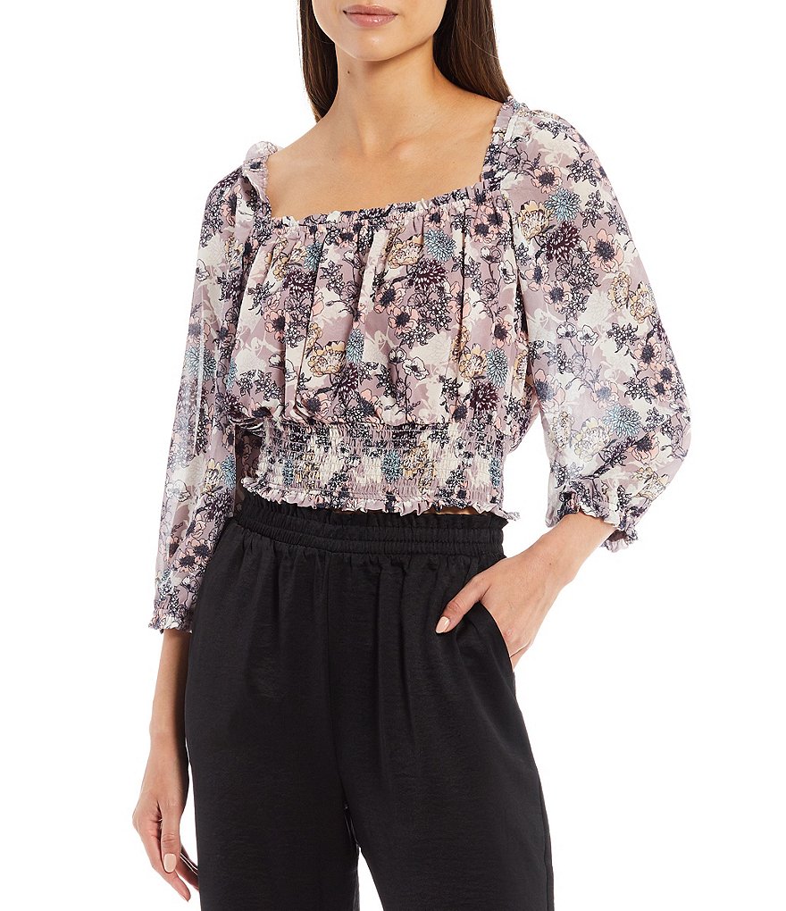 Shabby Chic Alston Whimsical Boho Floral Print Square Neck Smocked 3/4 Sleeve Cropped Top