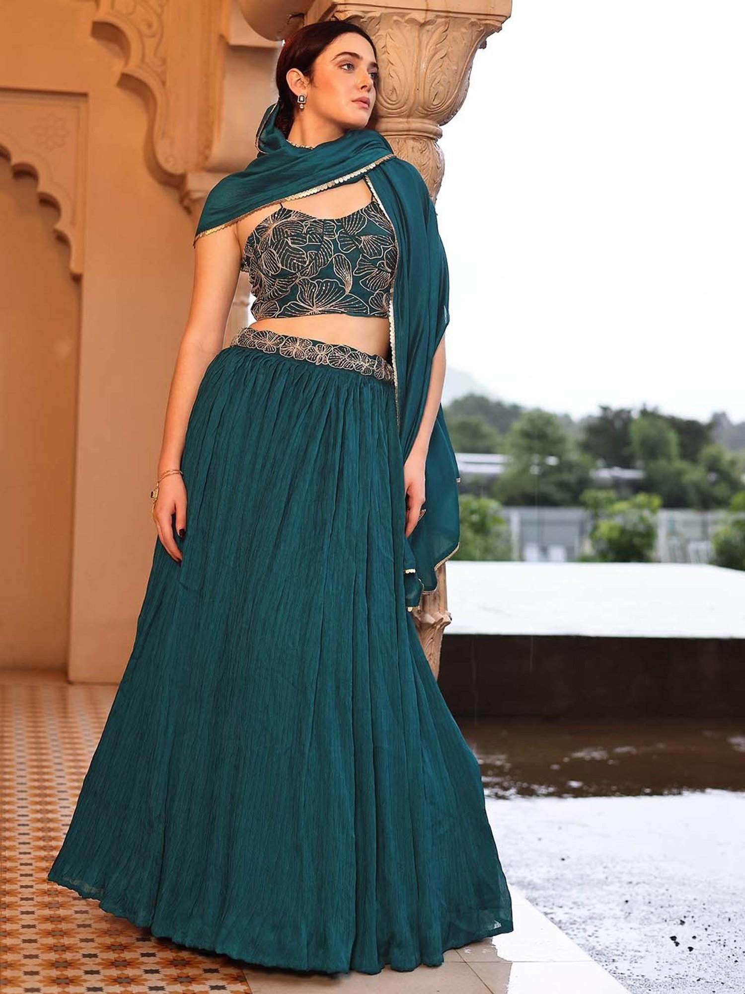 PURVAJA Rama Green Embroidered Lehenga Choli Set With Dupatta