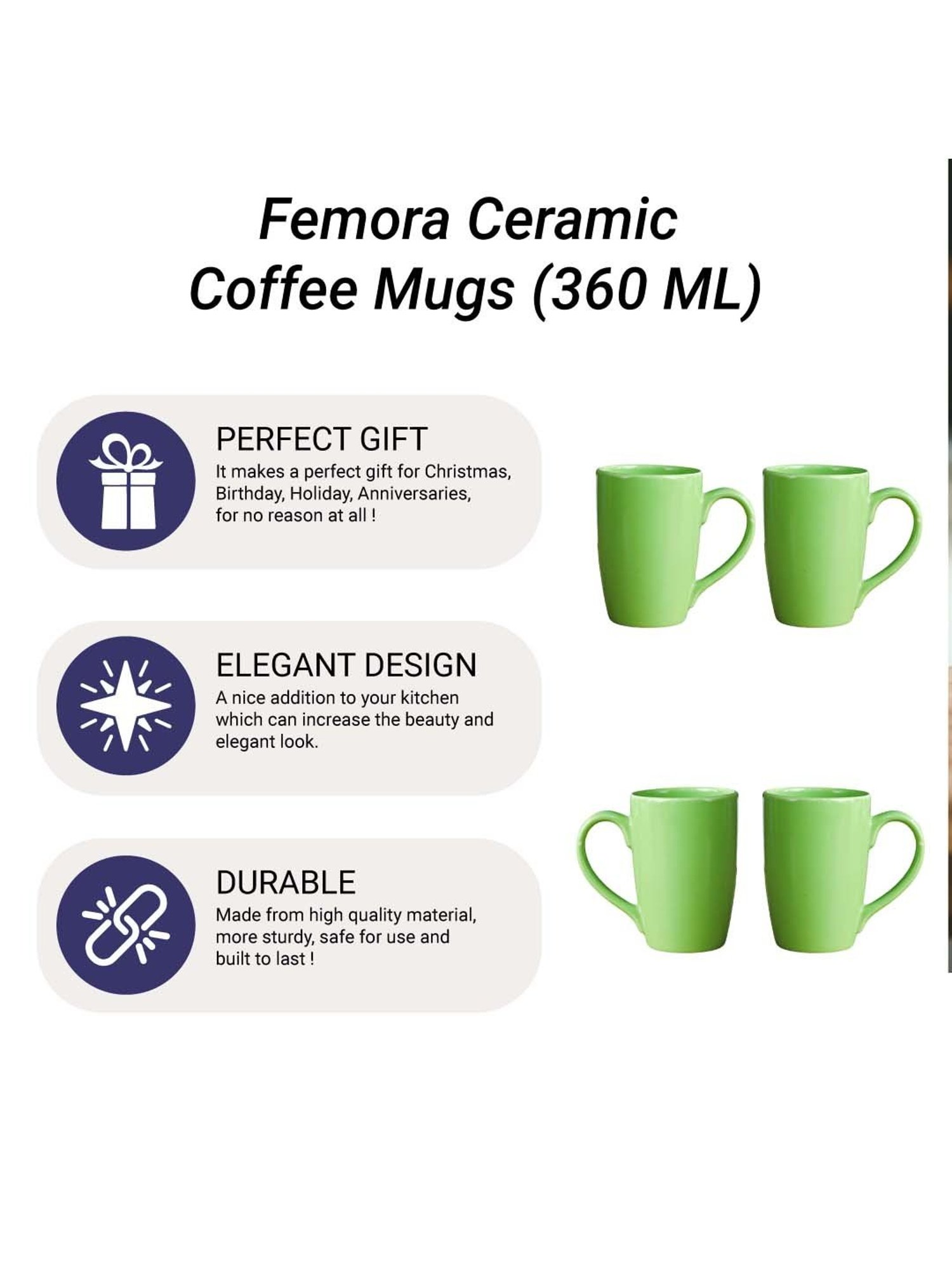 Femora Green Ceramic Coffee Mugs (0.36 L) - Set of 4