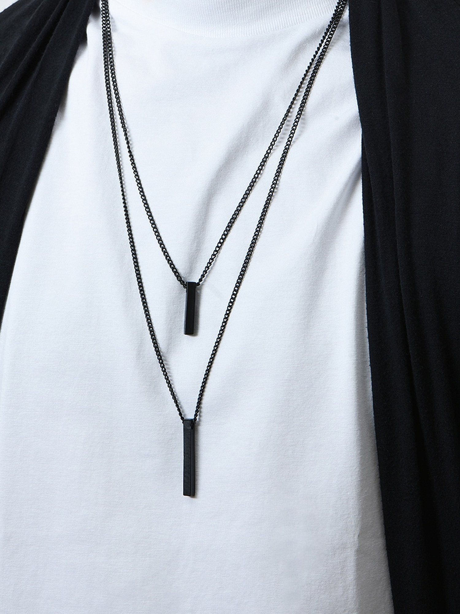 The Bro Code Black Cuboid Bar Charm Cuban Chain Layered Necklace For Men