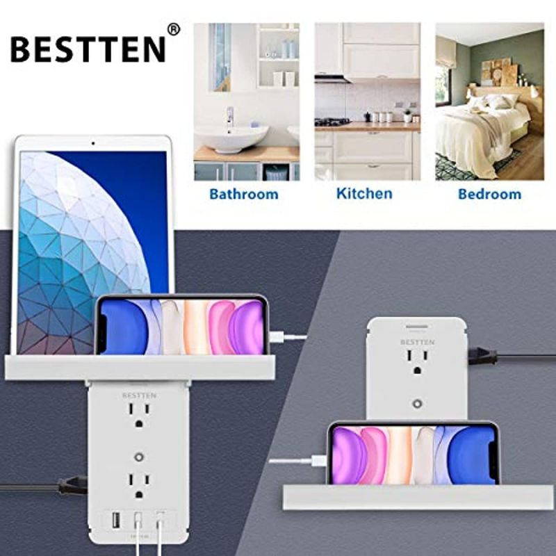 BESTTEN USB Surge Protector Wall Outlet with Shelf, 3 USB Charging Ports (5V/3.4A), 8 AC Outlets, 1020 Joule Surge Rating, Removable Top Shelf, FCC and SGS Certified