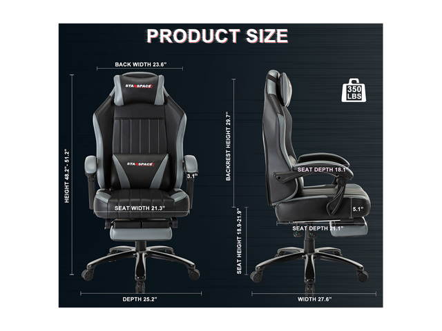 STARSPACE High Back 350lb Memory Foam Ergonomic Reclining Gaming Chair Metal Base - Adjustable Back Angle and Retractable Footrest Racing Executive Computer Desk Office Chair with Thick Padded Arms