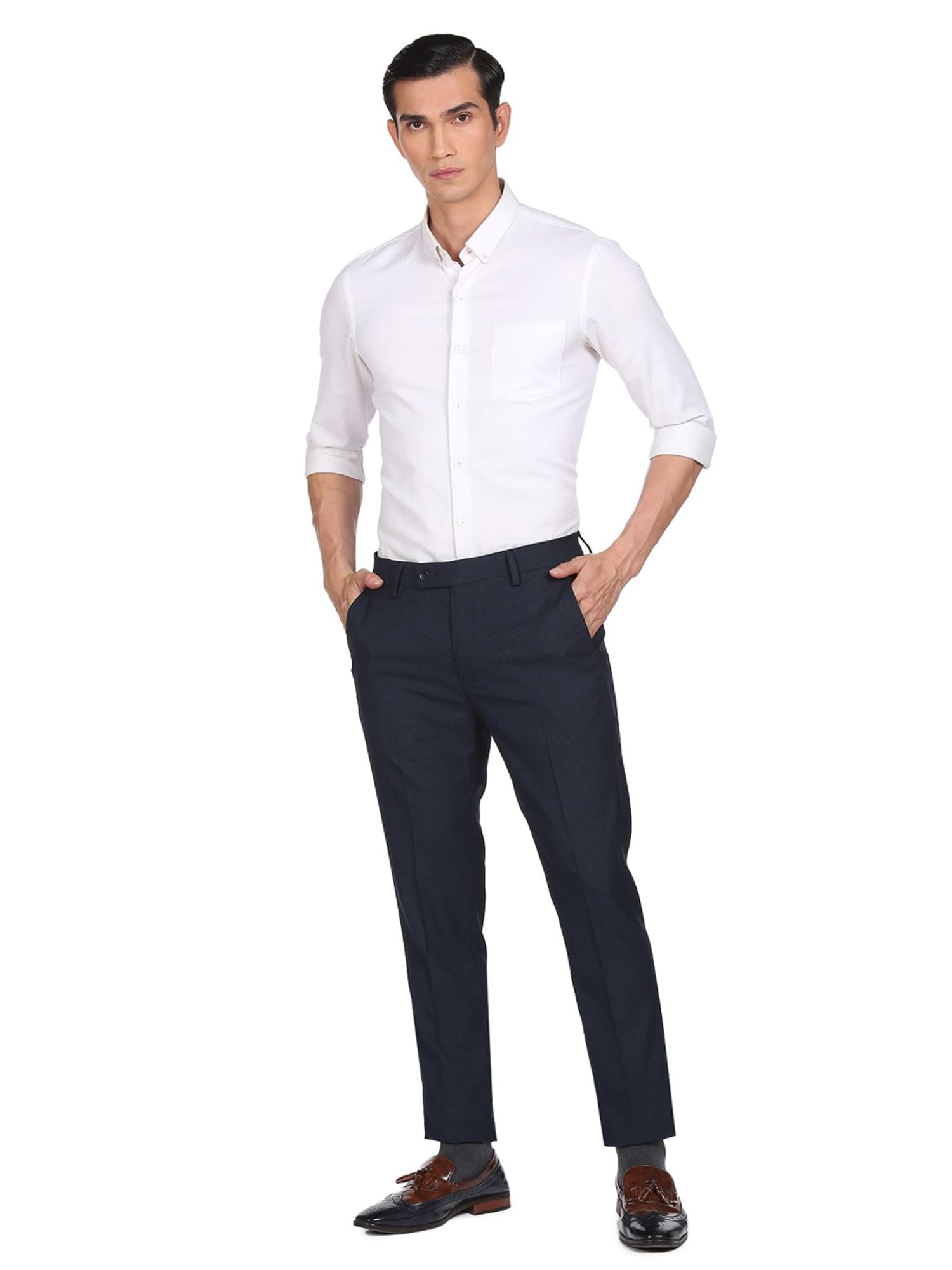 Arrow Navy Slim Fit Self Pattern Trousers