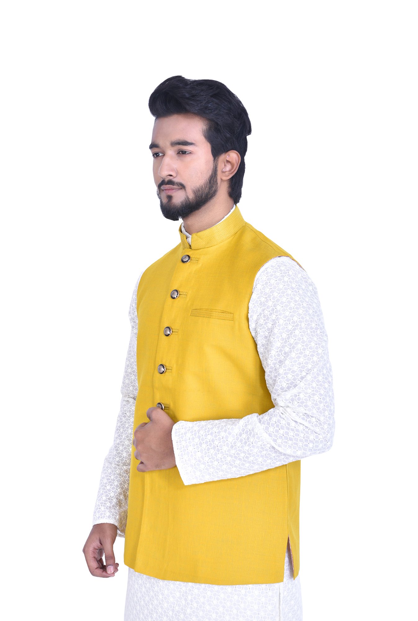 Manyavar Yellow Self Design Ethnic Waistcoat