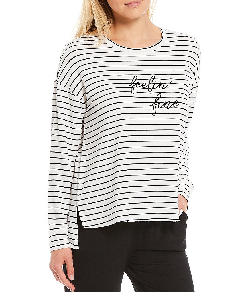 Jasmine & Ginger Striped Yarn-Dye #double;Feelin' Fine#double; Screen-Print French Terry Lounge Sweatshirt