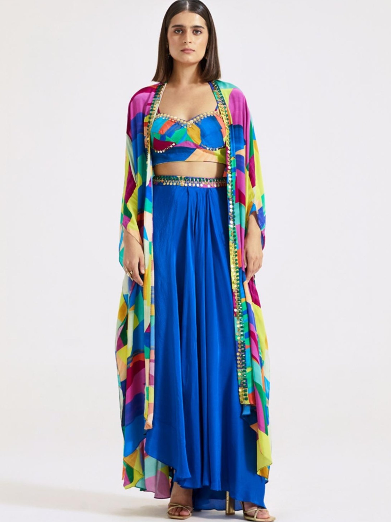 Basanti Kapde aur Koffee Multi Color Skirt with Blouse and Cape