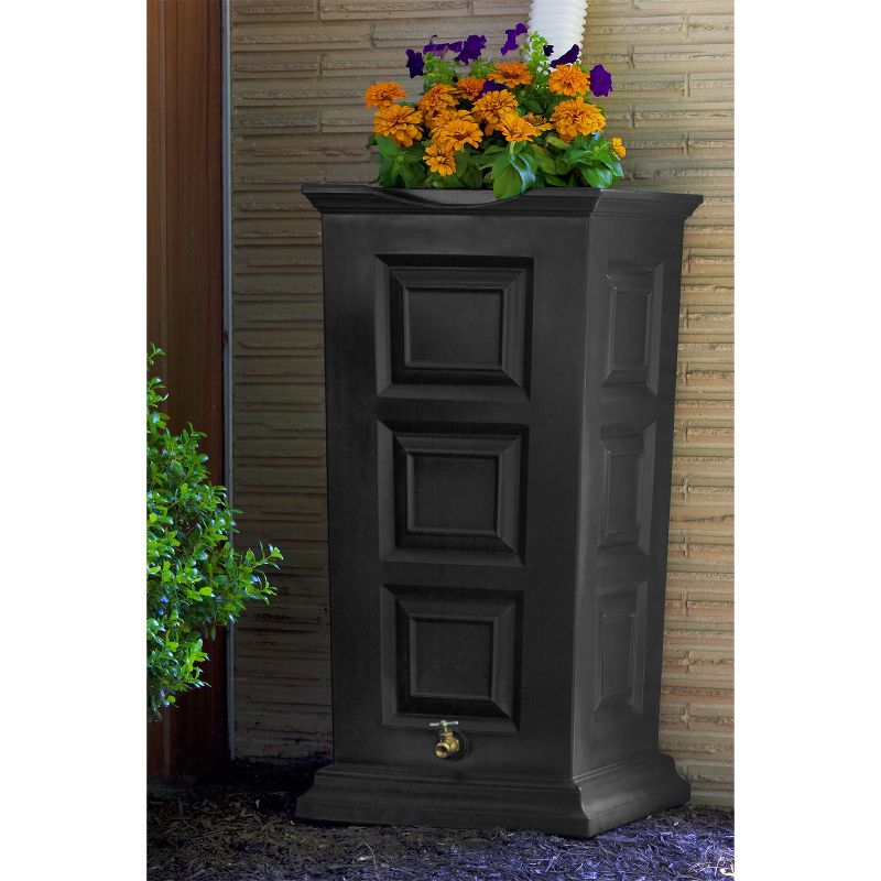 Good Ideas Savannah Outdoor 55 Gallon Flat Back Weatherproof Rain Barrel and Planter, Black
