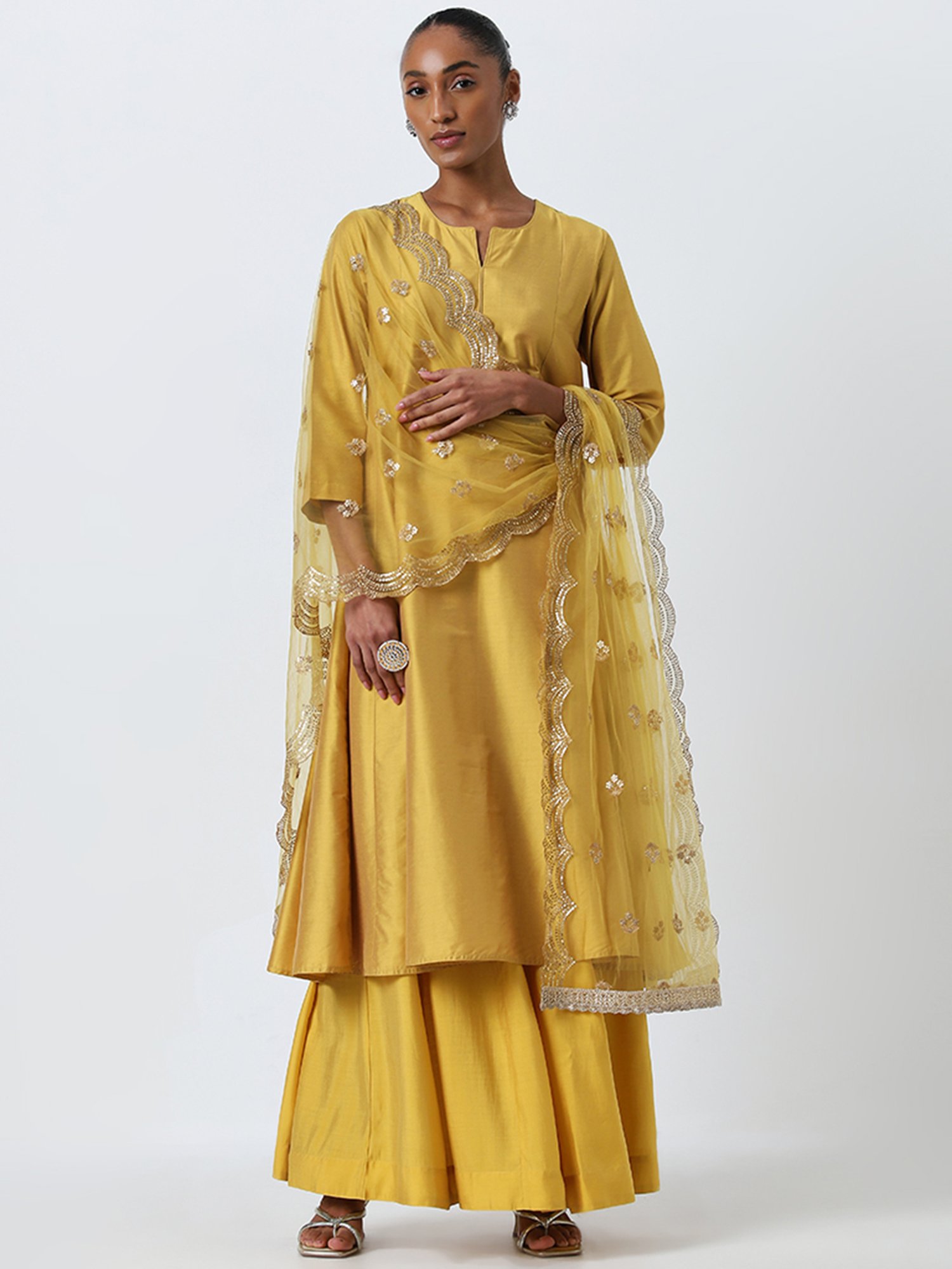 Vark by Westside Yellow Solid A-Line Kurta, Palazzos and Dupatta Set