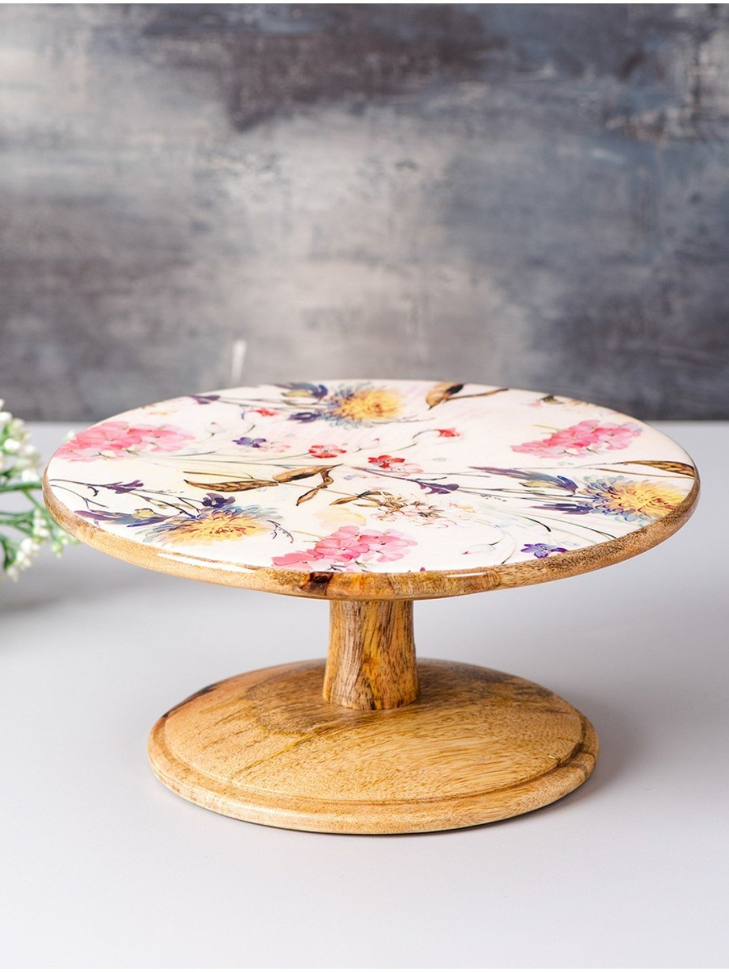 Nestroots White Cake Stand with Tong Printed Cake cutting Holder Round Wooden Cup Cake Table Stand