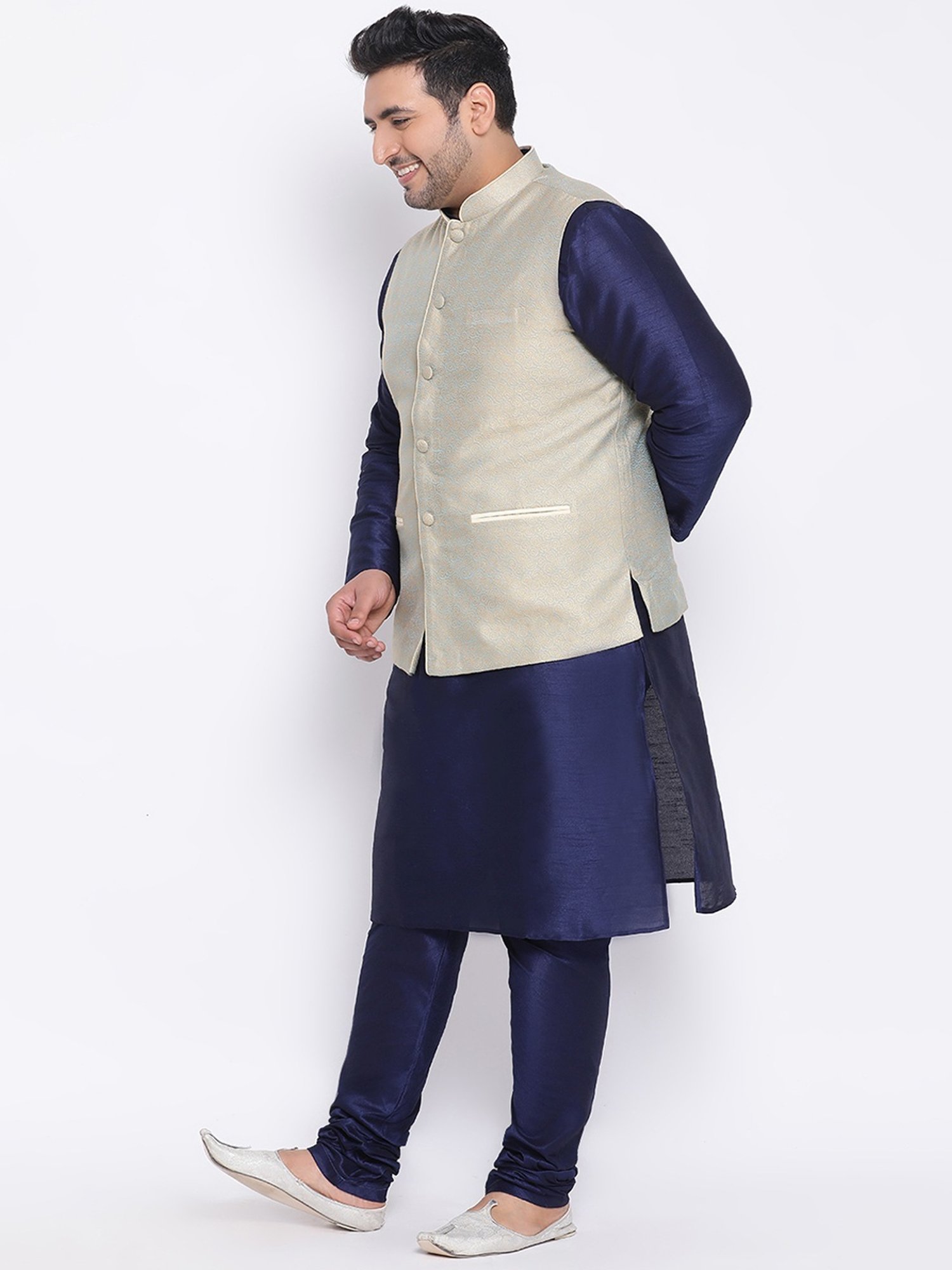 KISAH PLUS Beige & Navy Regular Fit Jacquard Kurta Set With Jacket