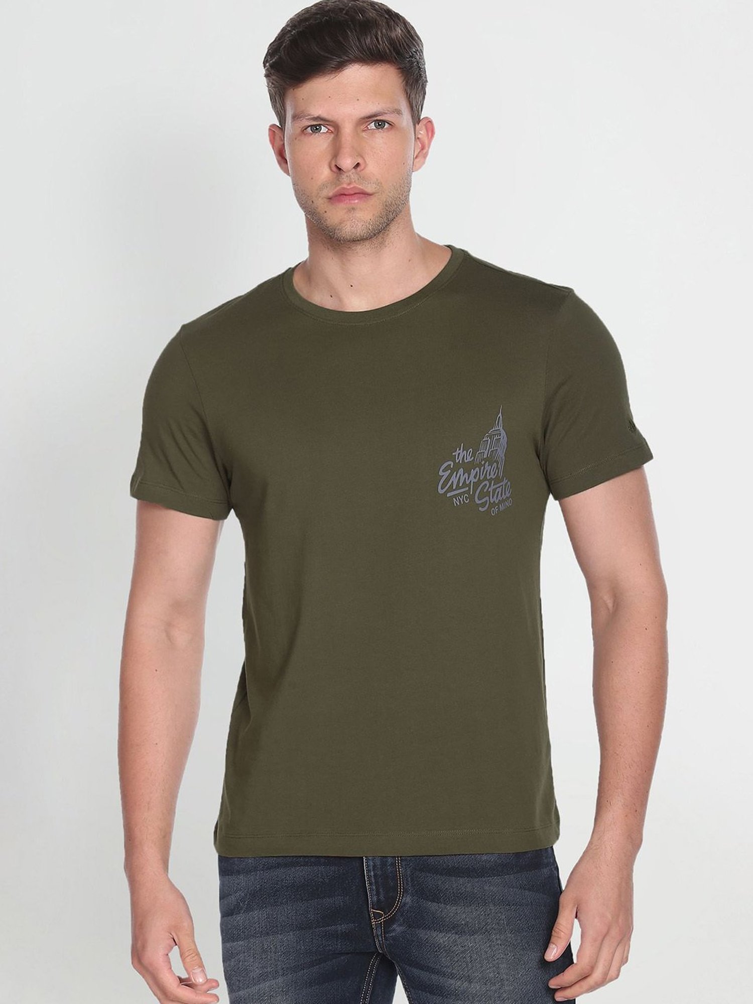 Arrow Sport Olive Cotton Regular Fit Printed T-Shirt