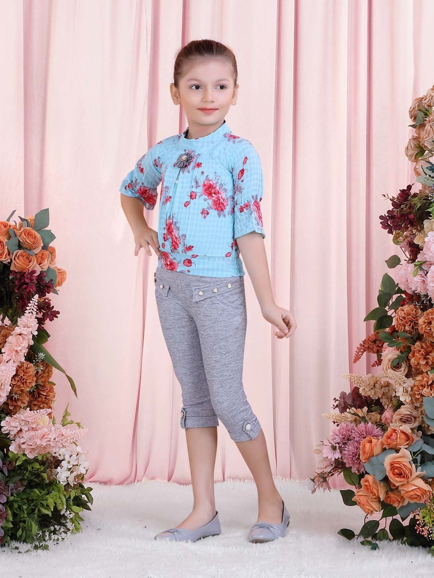 poplins Kids Blue & Grey Cotton Floral Print Top Set