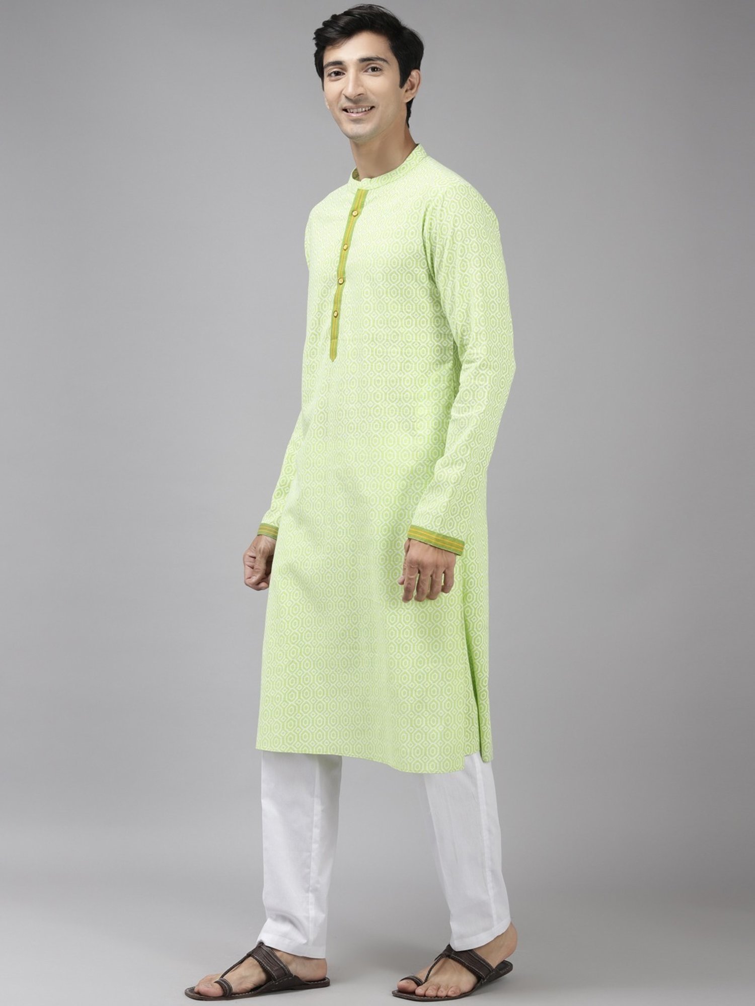 See Designs Lime Green & White Cotton Regular Fit Printed Kurta Bottom Set