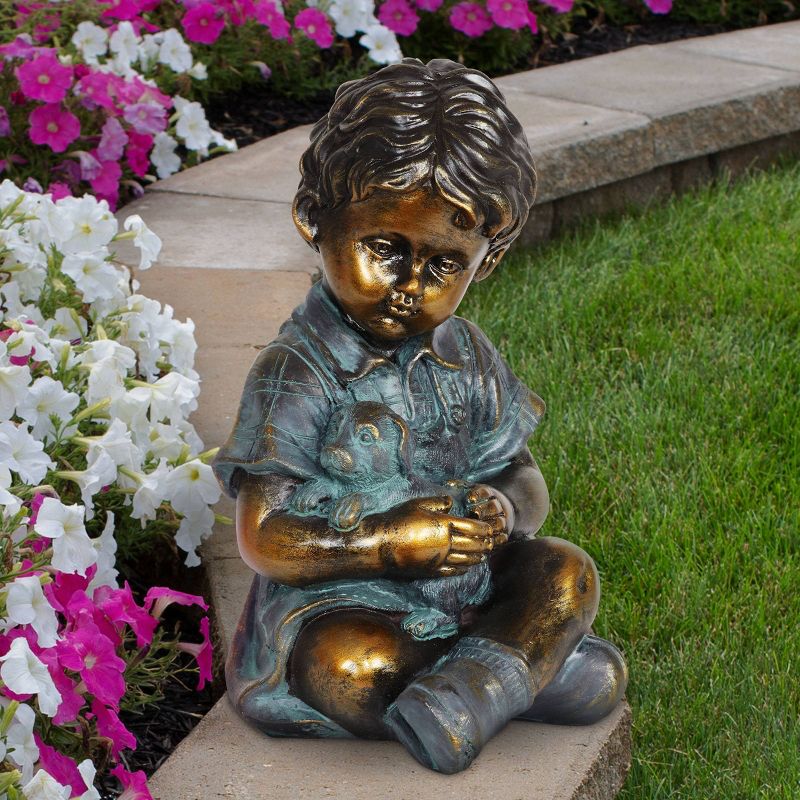 10.24" Look Boy and Puppy Statue Bronze - Exhart