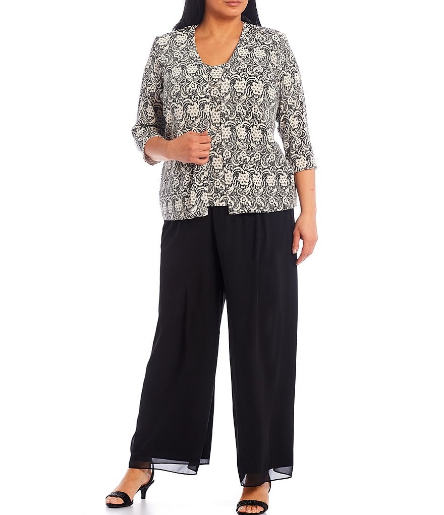 Alex Evenings Plus Size V-Neck 3/4 Sleeve Glitter Lace Printed 2-Piece Twinset