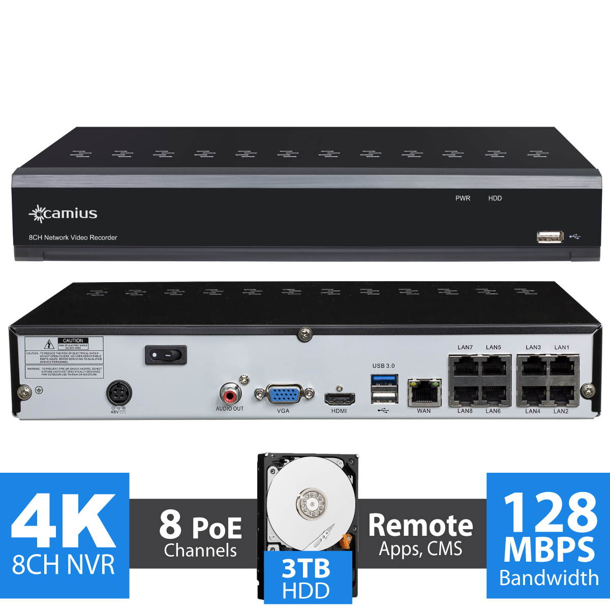 Camius PoE 8 Channel NVR Security Camera System with 3TB HDD, (4) Wired 5MP Outdoor IP PoE Bullet Cameras with motion, sound detection, Night Vision, NVR Software, Browser Viewer, Mobile App 8P4B3T
