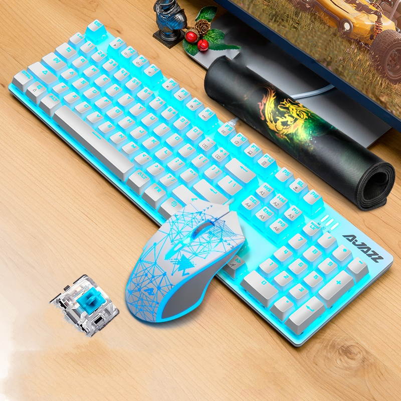 Ajazz AJ119  26 Anti-ghosting Keys, Ergonomic Design, Cool Exterior USB Wired Black Mechanical Green Color Backlit LED Keyboard And 2400DPI  Mouse Combo For Office And Game-Black