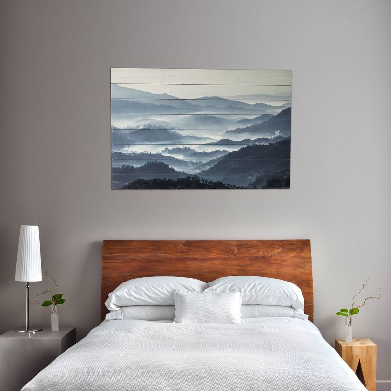 24" x 36" Misty Mountains Print on Planked Wood Wall Sign Panel Blue - Gallery 57