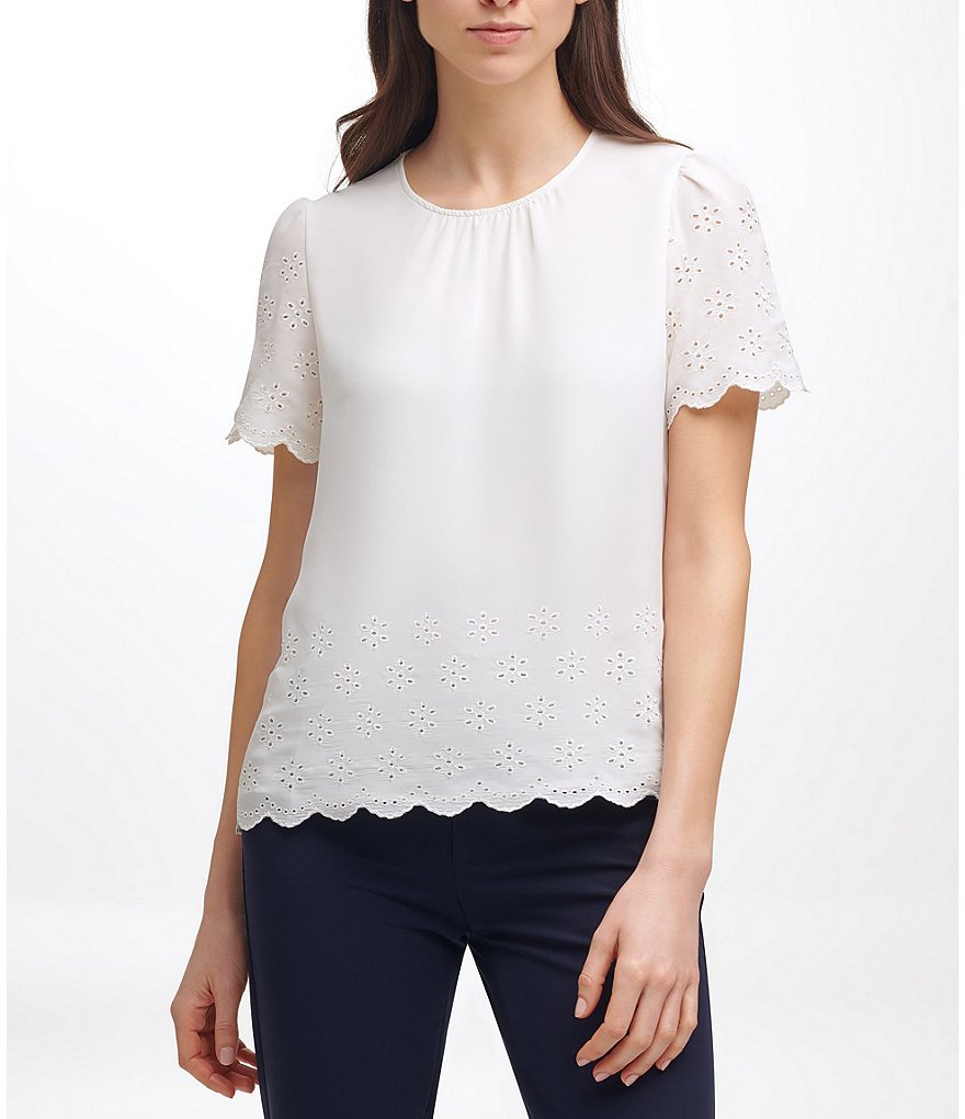 Tommy Hilfiger Jewel Neck Short Sleeve Scalloped Trim Eyelit Lace Woven Top