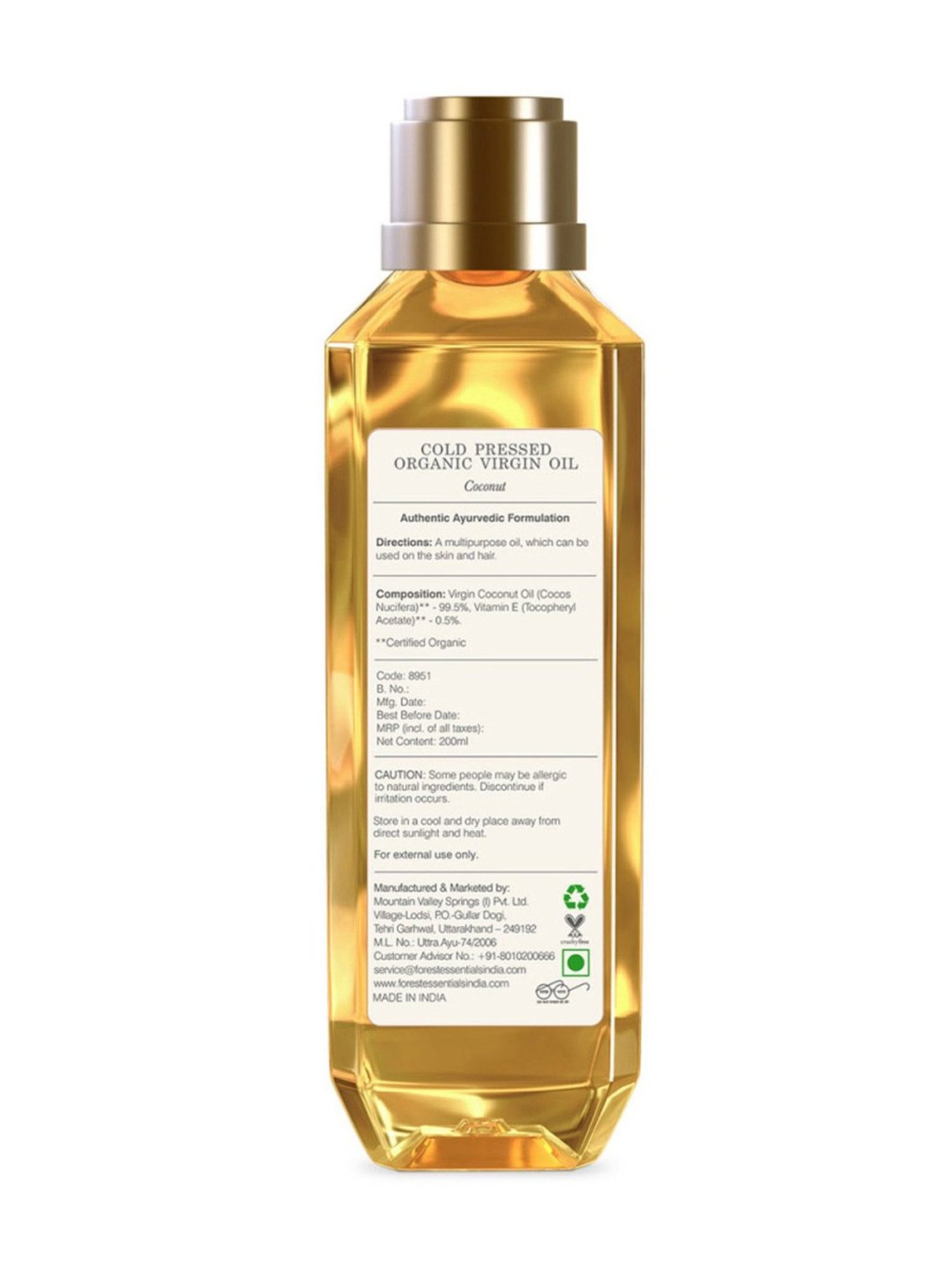 Forest Essentials Pure Organic Cold Pressed Virgin Coconut Oil with Vitamin E - 200 ml