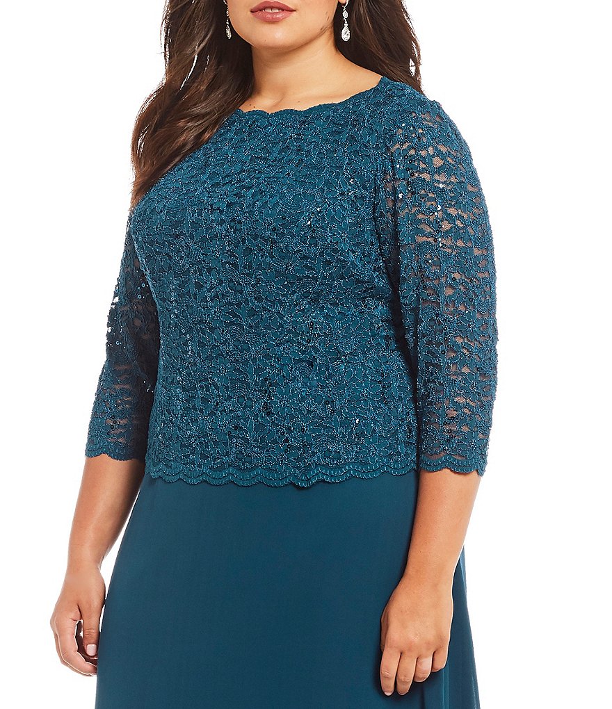 Alex Evenings Plus Size Boat Neck 3/4 Sleeve Sequin Lace Scalloped Hem Bodice Chiffon Skirted Dress