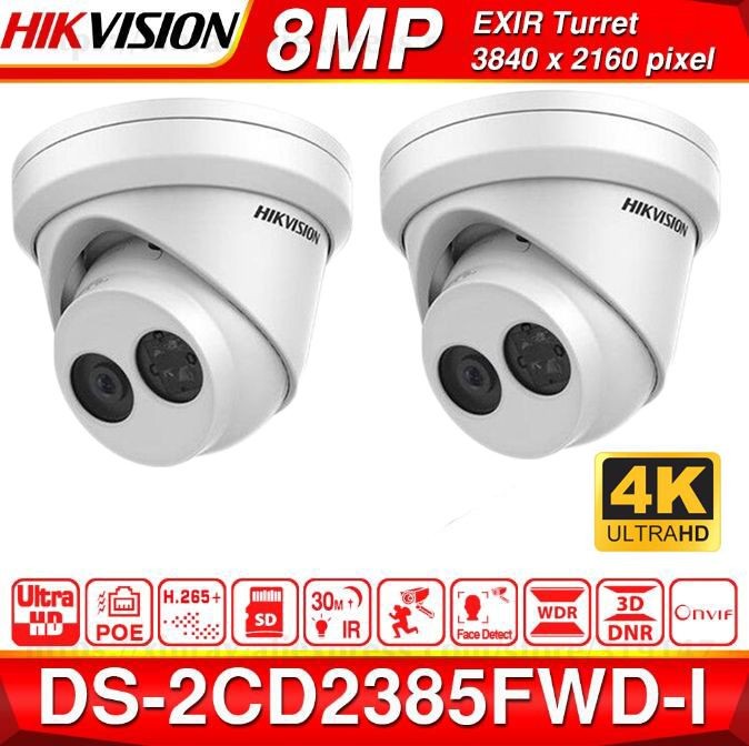Hikvision 8MP 4K UltraHD Outdoor Security POE IP Camera DS-2CD2385FWD-I ,EXIR 98ft Night Vision ,2.8mm fixed Lens Turret camera, Smart H.265+, SD Card Slot, WDR ,DNR, IP67,ONVIF,1-Pack