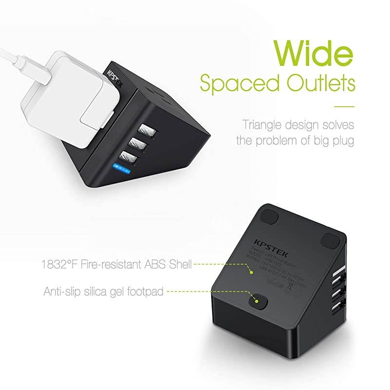 Power Strip Flat Plug with 3 USB 2 Outlet Desktop Charging Station with 5ft Extension Cord for Travel Dorm Room and Office Black KS2312