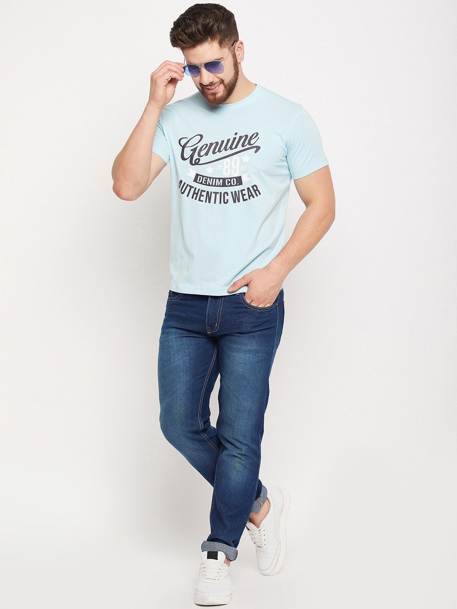 Cantabil Sky Blue Regular Fit Printed T-Shirt