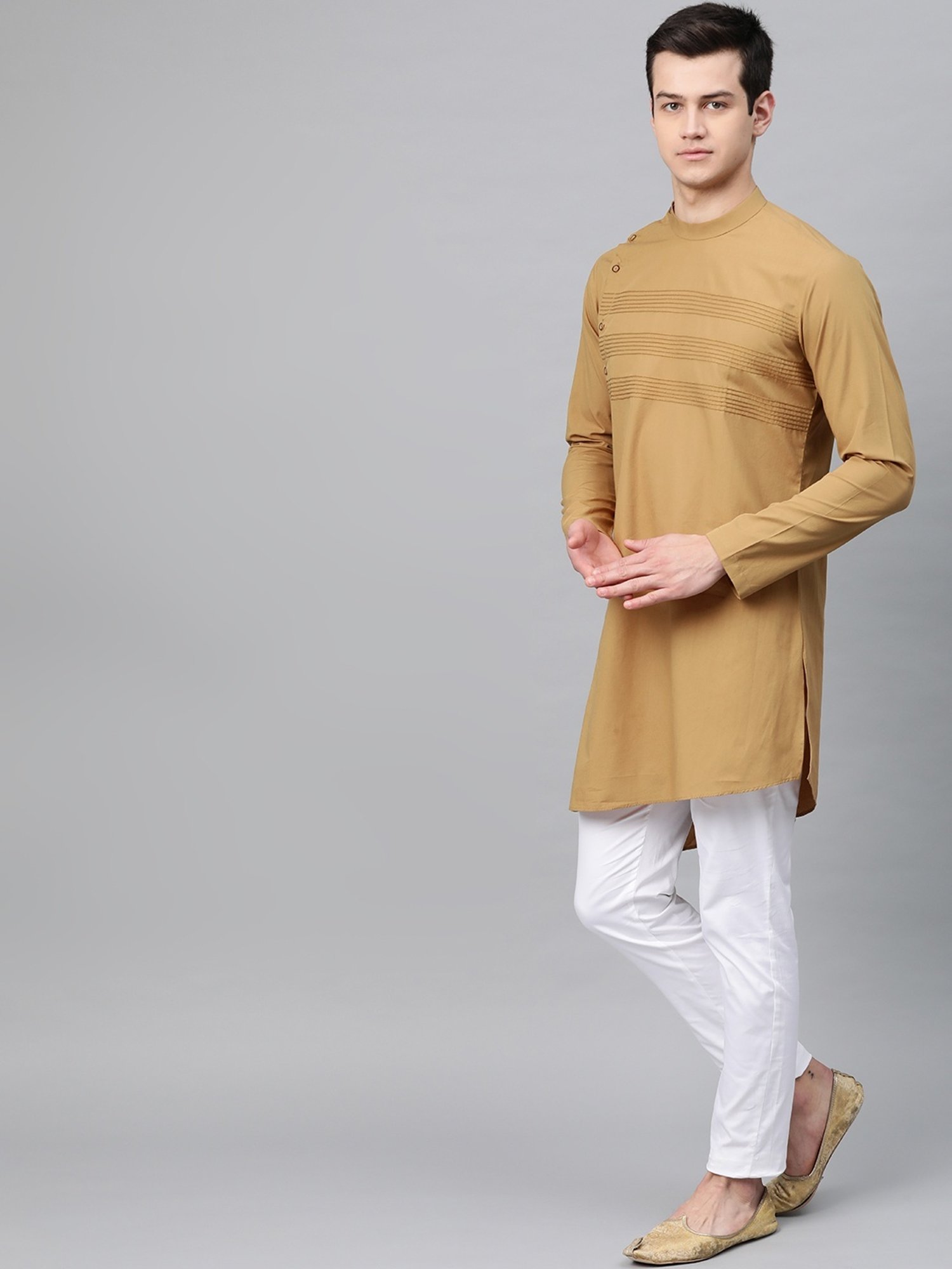 See Designs Khaki & White Cotton Regular Fit Embroidered Kurta Bottom Set