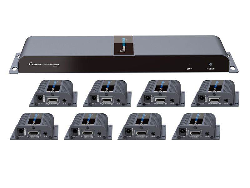 8-Port HDMI Splitter Over Cat6 1x8 1080P Extender With IR - 40M/131Ft, with HDMI Loop-Out Local Display POE Function with one Power Supply