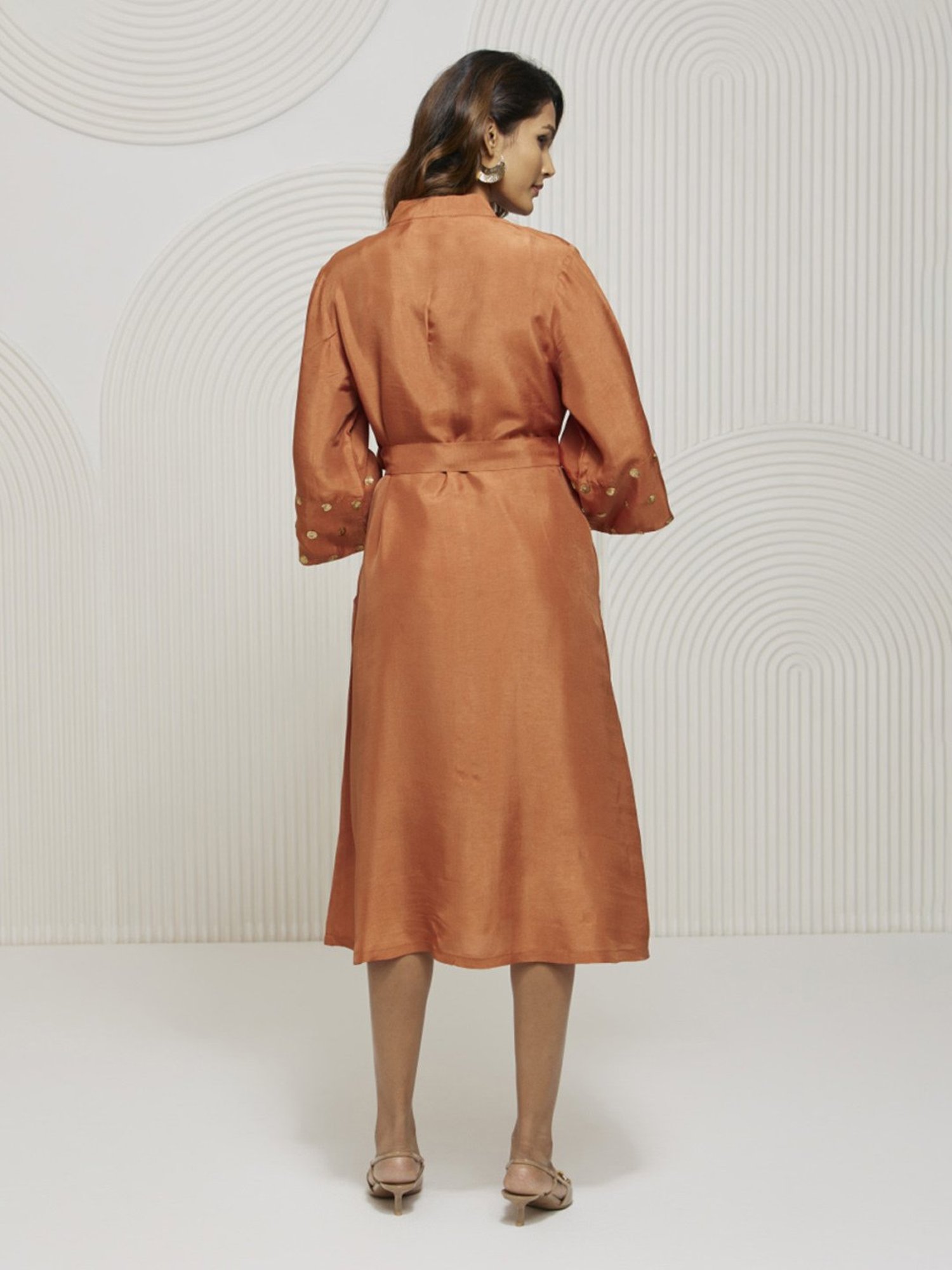 Artagai Gold Flame Shirt Dress with Tie-Up and Embellished Sleeve