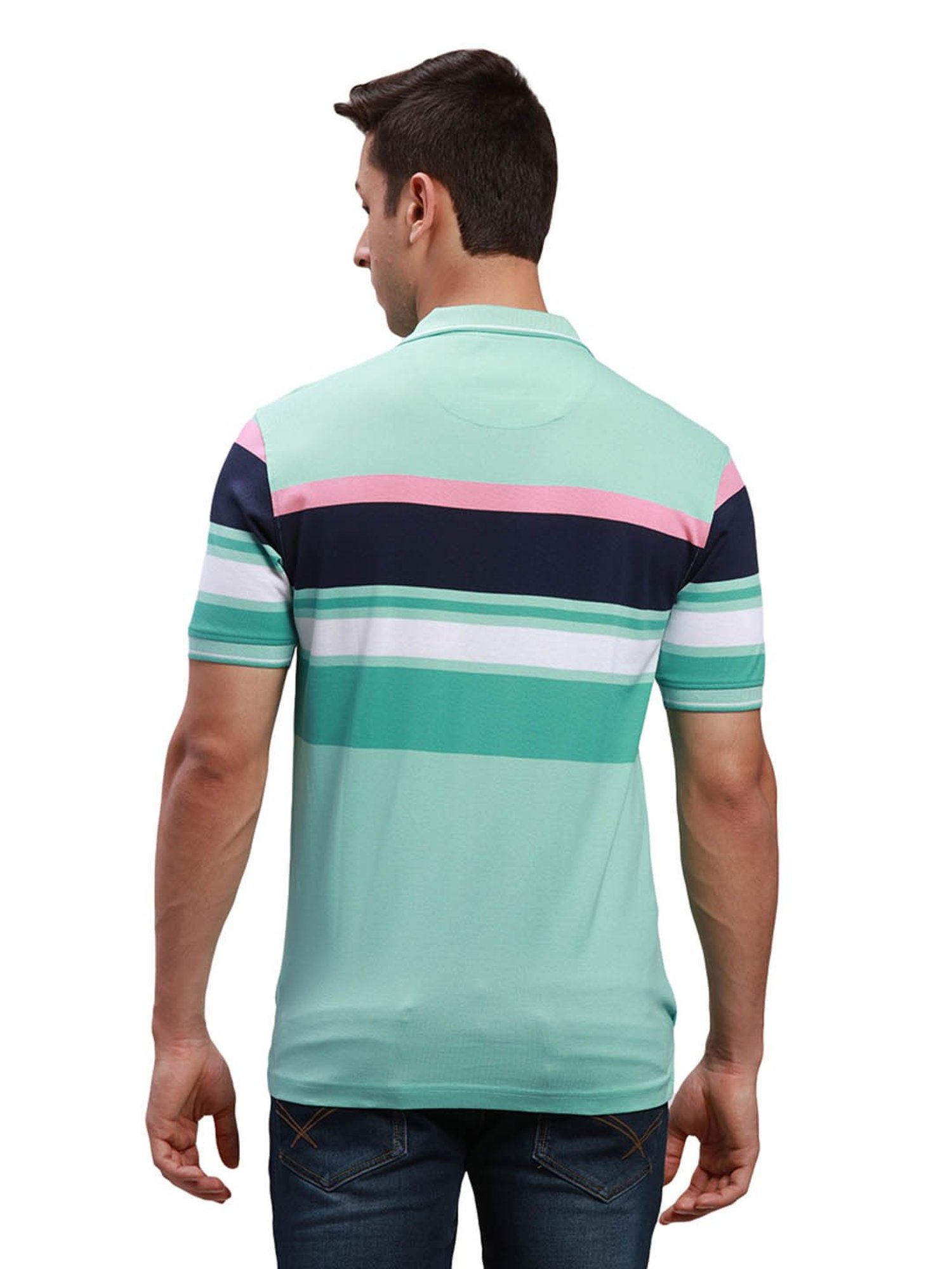 ColorPlus Blue Cotton Tailored Fit Striped Polo T-Shirt