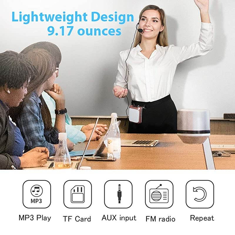 Voice Amplifier  AUC01 Lightweight Cardioid Rechargeable Wired Microphone with Waistband and LED Display Support FMMP3TF Card for Coaches Tour Guides Kindergartener MeetingGold