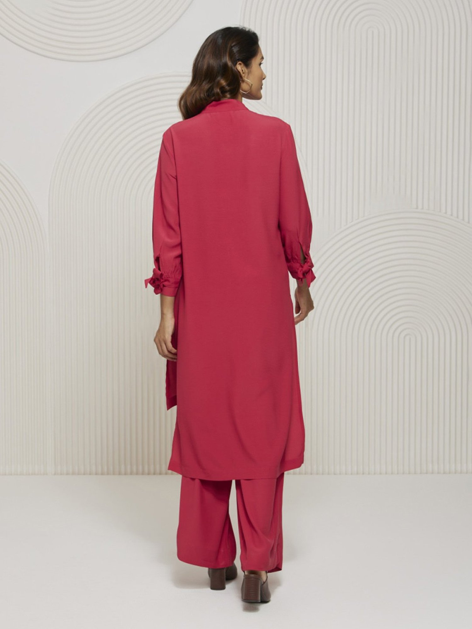 Artagai Tea Berry Broad Concealed Placket Kurta with Wide Cropped Trousers