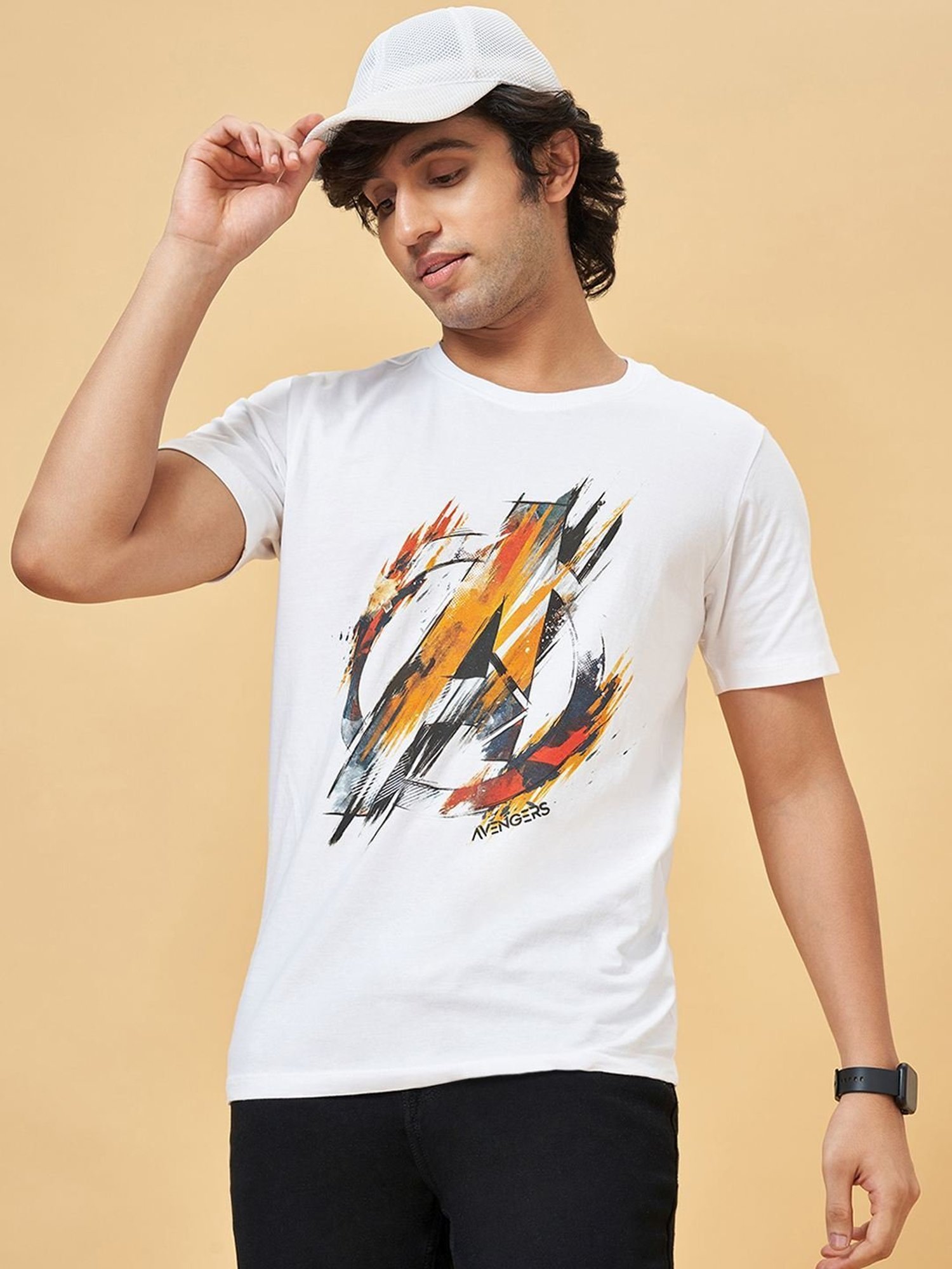 Sf Jeans By Pantaloons Bright White Cotton Slim Fit Printed T-Shirt