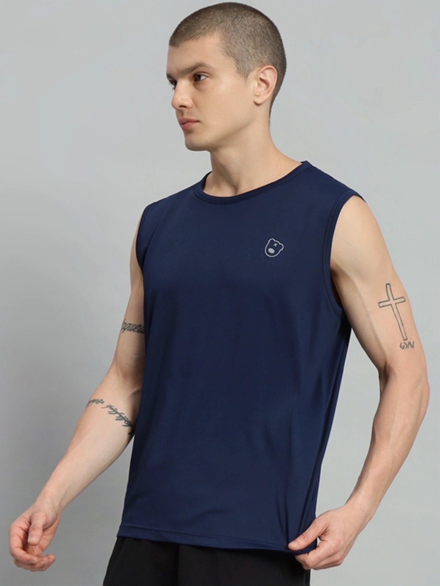 Griffel Navy Blue Cotton Loose Fit Printed T-Shirt