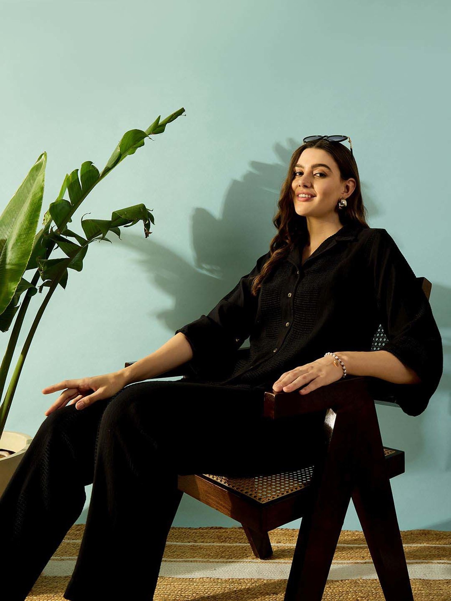 The Kaftan Company Black Cotton Self Pattern Top Pants Set