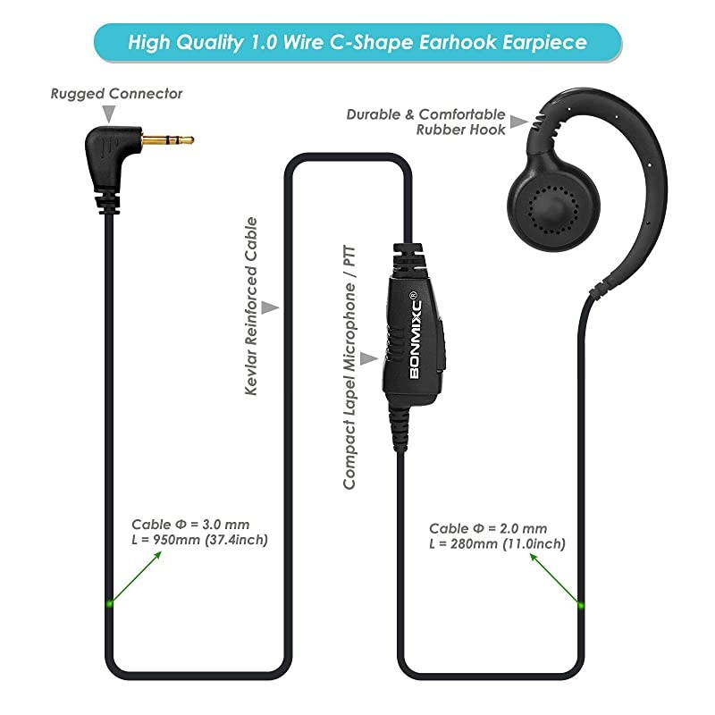 Walkie Talkie Earpiece Mic PTT Compatible with Motorola Talkabout Cobra 25mm 1Pin Thicker Reinforced Cable TwoWay Radio Headset CRing Earloop 2 Pack