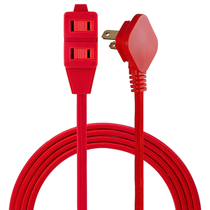 Bright Red, Designer 3-Outlet Extension Cord, 8 Ft Braided Cable, 2-Prong Power Strip, Slide-to-Lock Safety, Low-Profile Flat Plug, Polarized, ETL Listed, 39985-T1, 8 ft, 8 Ft