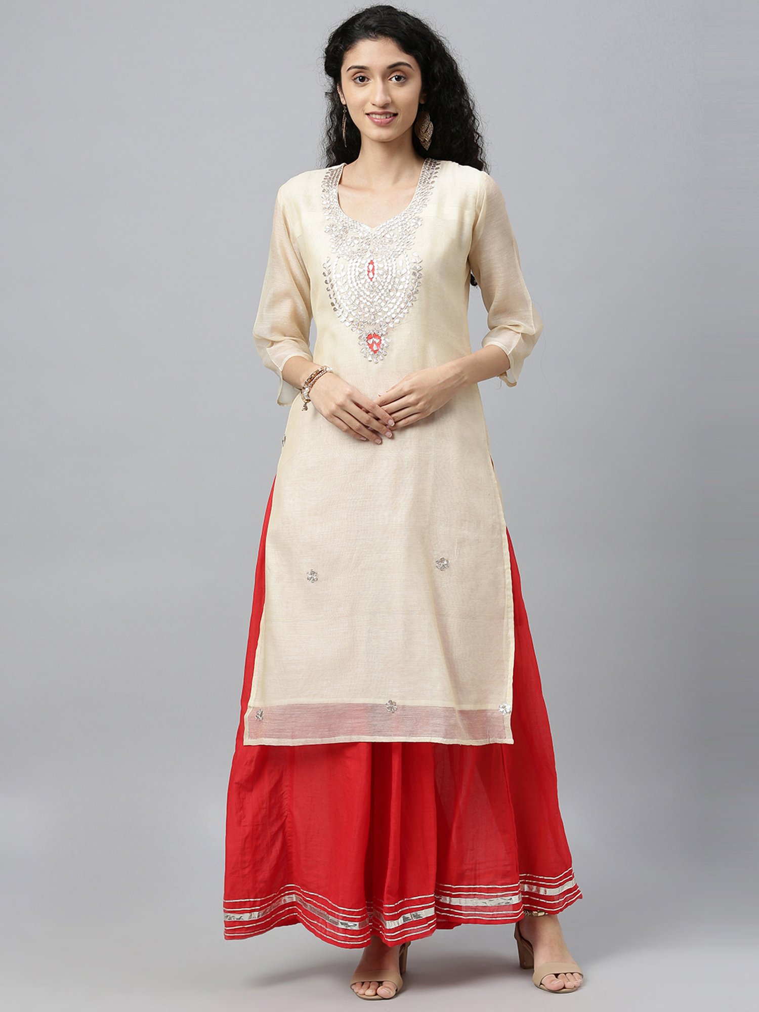 Geroo Jaipur Beige Hand Embroidered Chanderi Silk Kurta with Red Palazzo
